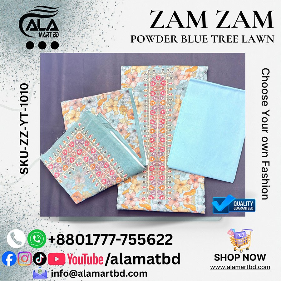 Zamzam Premium Quality Powder Blue Tree Lawn Collection – Elegant Three Piece Set