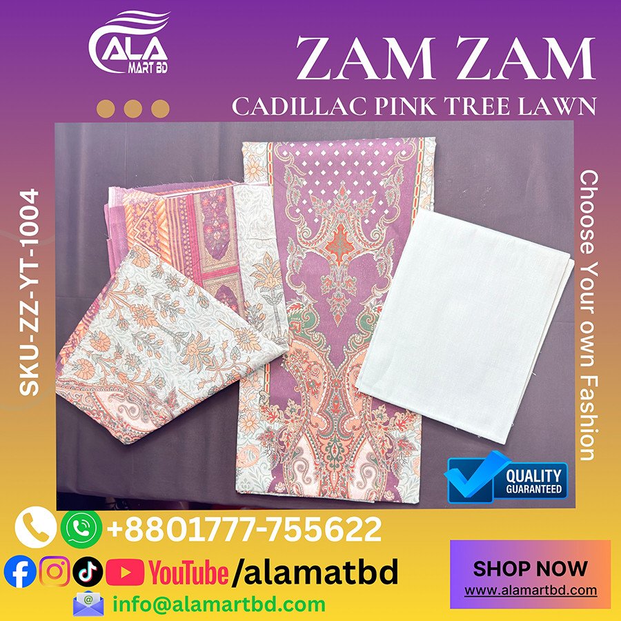 Zamzam Premium Quality Cadillac Pink Tree Lawn Collection – Elegant Three Piece Set