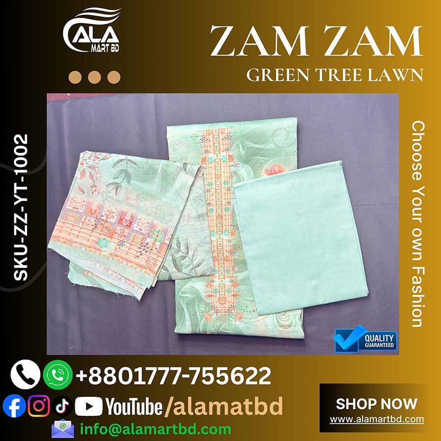 Zamzam Premium Quality Green Tree Lawn Collection – Elegant Three Piece Set